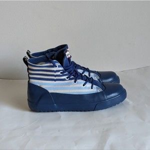 Hunter Striped Blue Canvas Lace Up Hi Top Sneakers